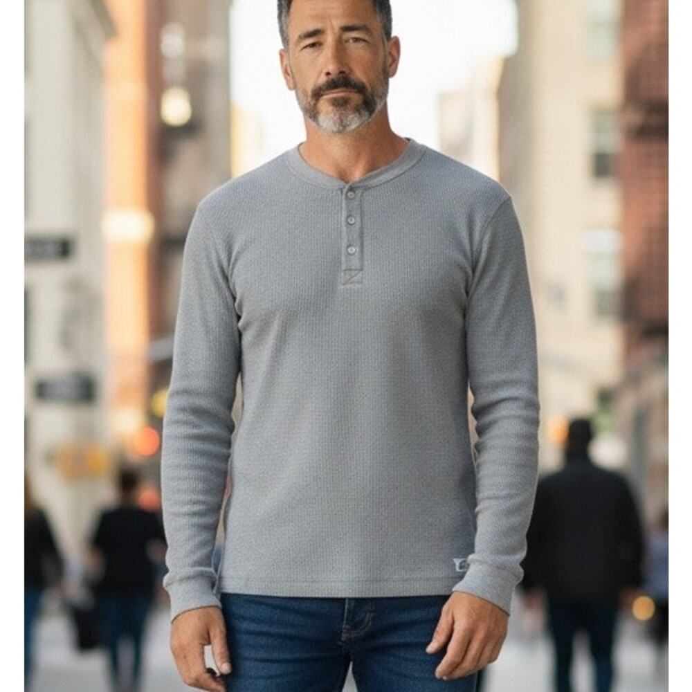 Woolrich Cotton Thermal Top Gray Waffle Long Sleeve Henley Mens SZ LG Outdoors